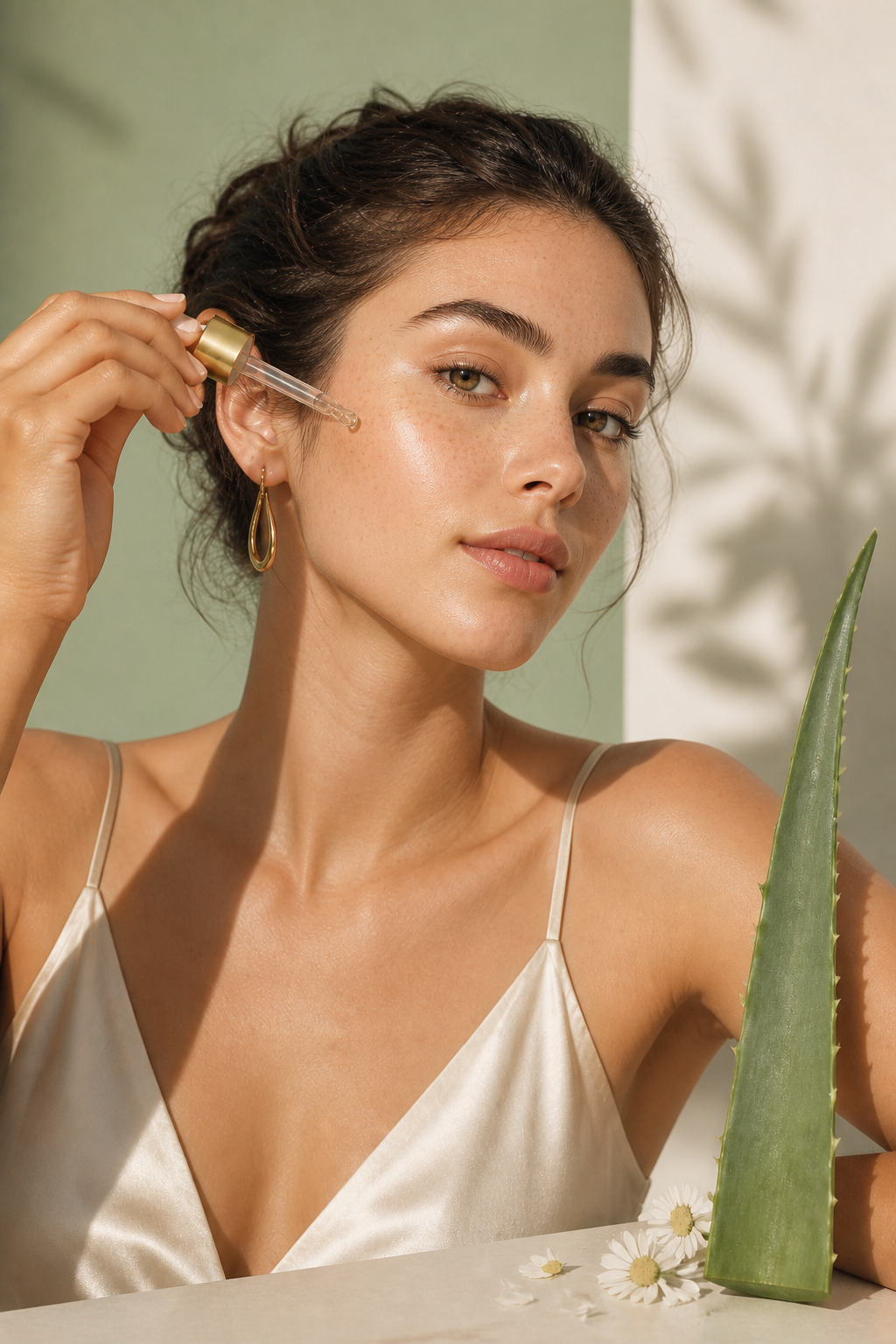 Modelo editorial con sérum, aloe y cosmética natural